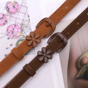 Women's floral belt with pin buckle in brown suede texture for dress decoration