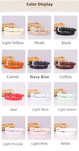 Grid display of simple women's PU leather belts in 12 colors with golden pin buckles