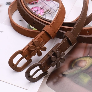 Elegant thin women's belts with flower buckle in camel and dark brown PU leather