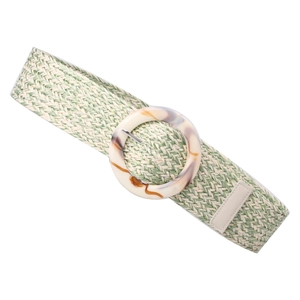 Ceinture tressée en paille vert et beige avec boucle ronde décorative en résine marbrée