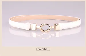 Detail of slim white leather belt for women featuring a stylish gold interlocking double ring buckle