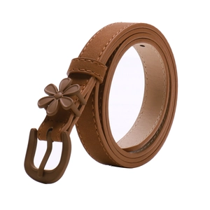 Women's slim caramel brown suede belt with floral buckle for elegant dresses