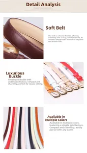Detail of high-quality PU leather belts with gold alloy buckles in various colors