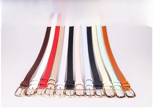 Collection of slim PU leather belts for women with gold alloy buckles in eleven vibrant colors