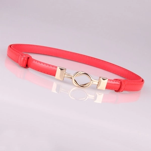 Elegant thin red patent leather belt for women featuring a stylish gold double ring buckle