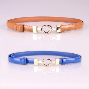 Dual slim glossy leather belts for women with stylish interlocking gold circular buckles