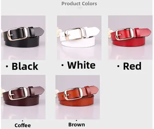 Dettaglio di cinque cinture in pelle da donna in nero, bianco, rosso, caffè e marrone