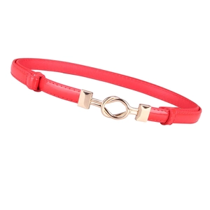 Elegant red thin faux leather belt for women featuring a polished gold double ring buckle