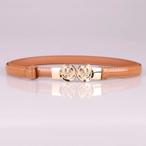 Eleganter schmaler brauner Ledergürtel mit goldener Rosenschnalle für Damenkleider