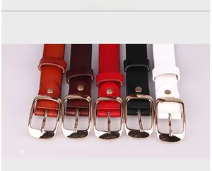 Dettaglio di cinque cinture sottili in pelle da donna con eleganti fibbie dorate