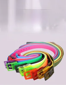 Detailed view of colorful flexible silicone belts with matching plastic pin buckles