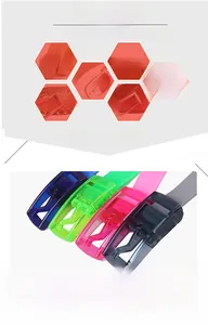 Close-up of colorful waterproof silicone belts with matching transparent plastic buckles