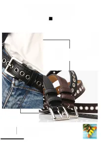 Detail view of stylish grommet metal eyelet belts in black and brown with silver square buckle