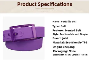Detail view of purple scented TPE belt with matching translucent rectangular buckle