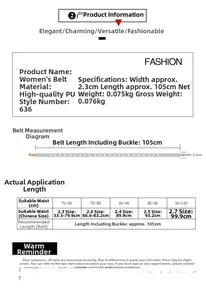 Size chart showing dimensions for the 2.3cm wide PU leather eyelet belt for women