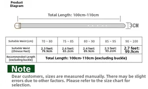 Size chart for floral embroidery leather belt showing 3cm width and 100-110cm length details