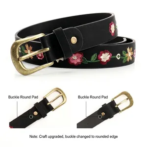 Retro black leather belt for women with floral embroidery and antique bronze buckle