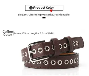 Brown leather grommet belt with silver square buckle, 105cm length and 2.3cm width details