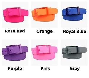 Detail view of colorful silicone belts with plastic buckles in six vibrant various shades