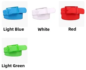 Detailed view of silicone belts in light blue, white, red and green with plastic buckles