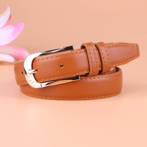 Brown faux leather belt for women featuring a silver metal buckle with heart engraving
