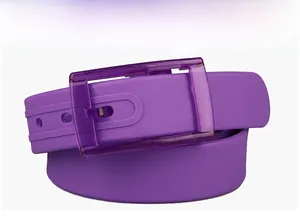Close-up of a purple silicone belt featuring a matching translucent plastic buckle