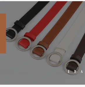 Detailed view of fashion PU leather skinny belts in five colors with silver round buckles