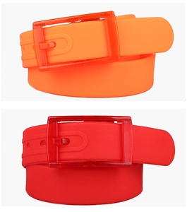 Detail view of colorful silicone belts with matte texture and matching plastic buckles