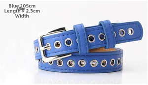 Close-up of blue eyelet belt with silver buckle, 105cm length and 2.3cm width dimensions