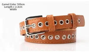 Detailed view of camel leather belt with silver eyelets and buckle measuring 105cm by 2.3cm
