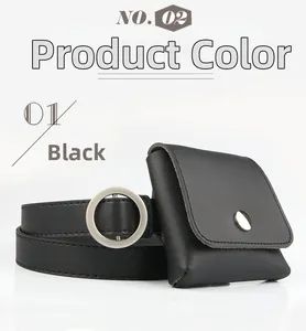 Detail of slim black leather belt with silver circular buckle and mini waist pouch
