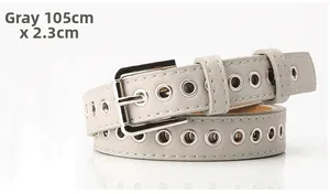 Gray grommet belt with silver buckle, size 105cm x 2.3cm, minimalist metal eyelet design