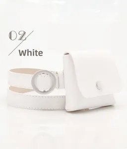 Close-up of white minimalist waist bag set with thin leather belt and metal ring buckle