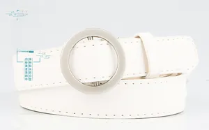 Close-up of minimalist white leather belt with polished silver circular metal buckle