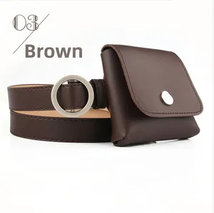 Detail of dark brown leather belt with round silver buckle and matching small waist pouch