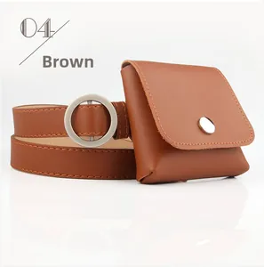 Detailed close-up of camel leather belt with silver round buckle and matching mini waist bag