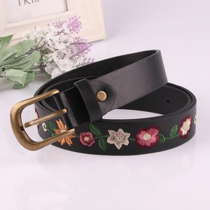 Vintage Women Floral Embroidered Faux Leather Belt Fashion Ethnic Waistband With Antique Bronze Pin Buckle Dress Accessory