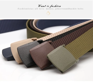 Detail of five-color nylon tactical belts with matte plastic buckles for outdoor sports