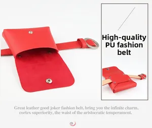 Detail view of red PU leather waist bag with round silver buckle and lychee texture