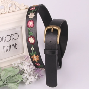 Retro black leather women belt featuring colorful floral embroidery and bronze buckle