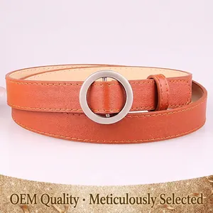 Women Fashion PU Leather Thin Belt Round Alloy Buckle Versatile Litchi Texture Pinless Waist Belt For Jeans Dress