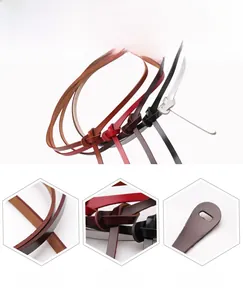 Detail view of five colors slim leather belts with knot design and adjustable holes