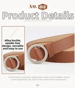 Detail of brown leather belt with round silver alloy buckle and non-hole buckle design