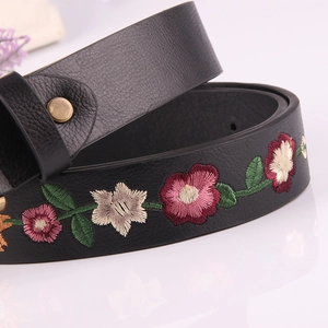 Vintage black leather belt with floral embroidery and golden metal buckle for women