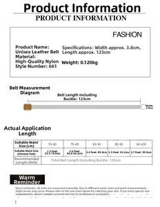 Size chart showing 3.8cm width and 123cm length for nylon tactical belt specifications
