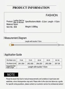 Detailed size chart for nylon outdoor belt showing length 113cm and width 3.2cm dimensions
