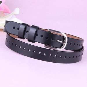 Women's black hollow leather belt with silver needle buckle for casual denim jeans