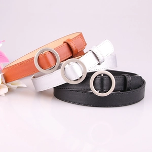 Three-pack minimalist women's leather belts with round buckles in brown, silver, and black