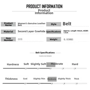 Detailed size and material chart for the slim genuine leather waist belt for women
