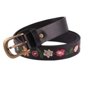 Vintage black leather belt with colorful flower embroidery and bronze metal buckle